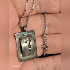 Vintage Sterling Silver  Rectangular Face Pendant Necklace 16"